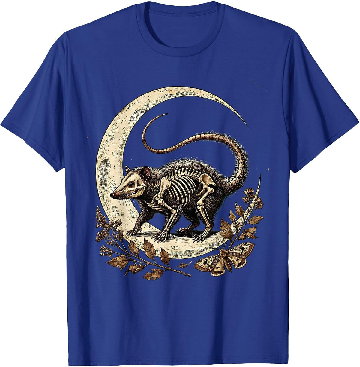 Skeleton Opossum Crescent Moon Gothic Night Art T-Shirt - Royal Blue