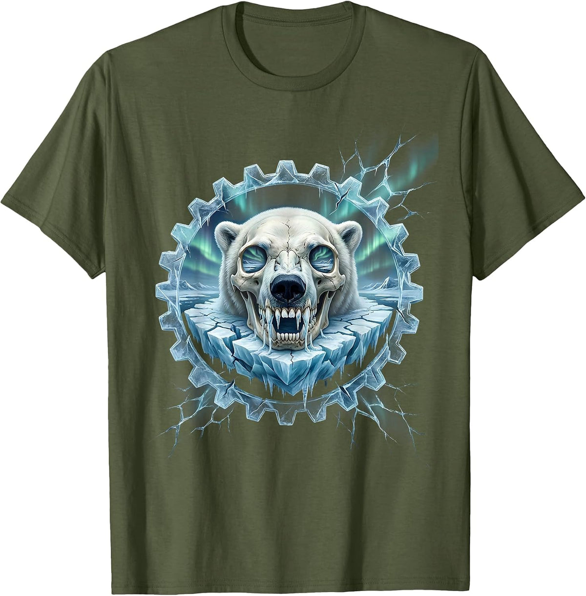 Polar Bear Skull Icicle Teeth Ice Art Design T-Shirt - Olive Green