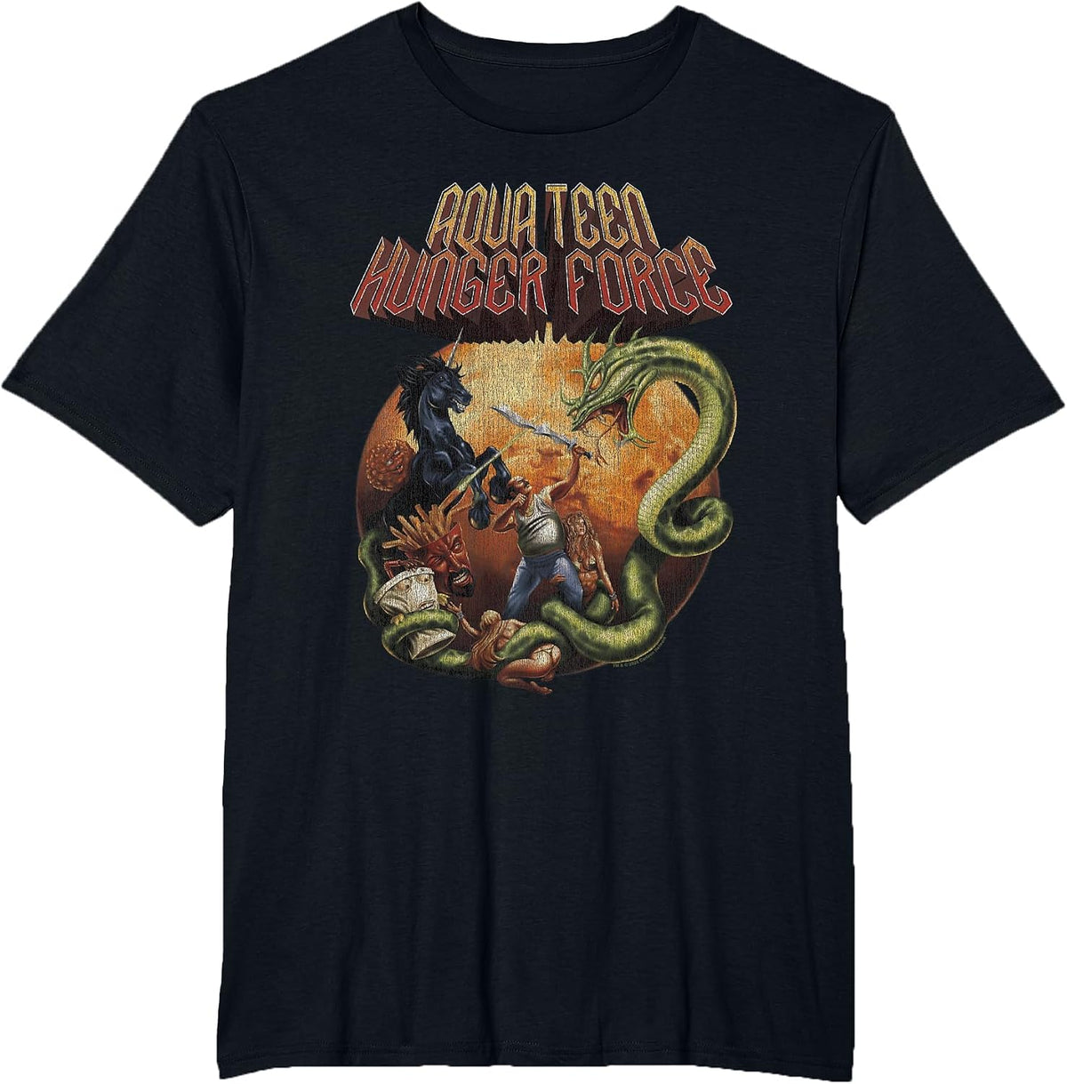 ATHF Vintage Heavy Metal Fantasy Scene with Cast Cartoon T-Shirt - Black