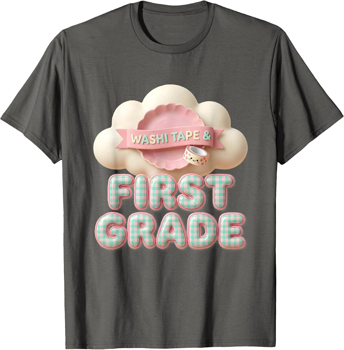 Men's Washi Tape & First Grade Cute Kawaii Checkered Girl Teacher T-Shirt - Asphalt Grey