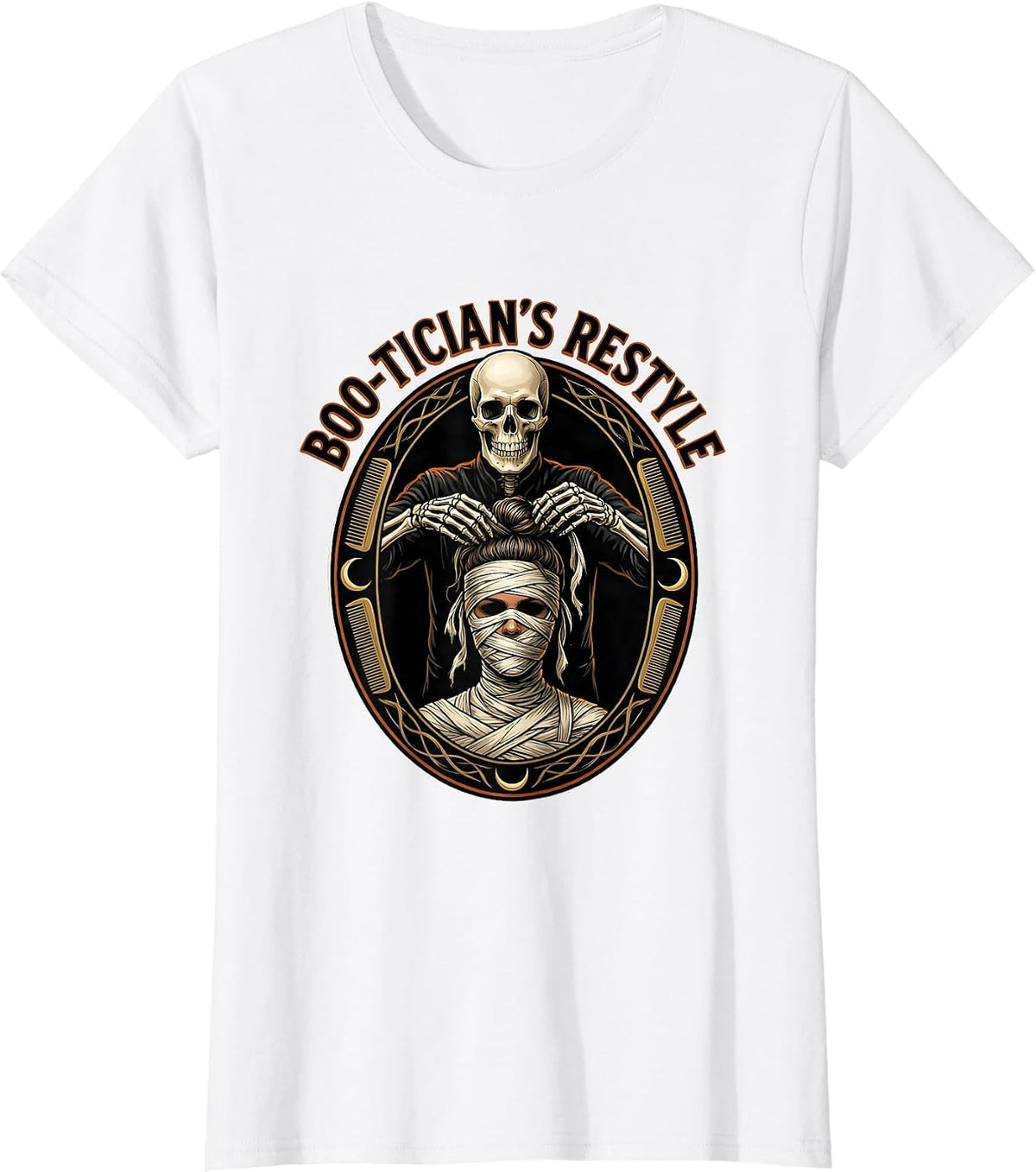 Boo-tician's Restyle Funny Skeleton Hairstylist Halloween T-Shirt - White