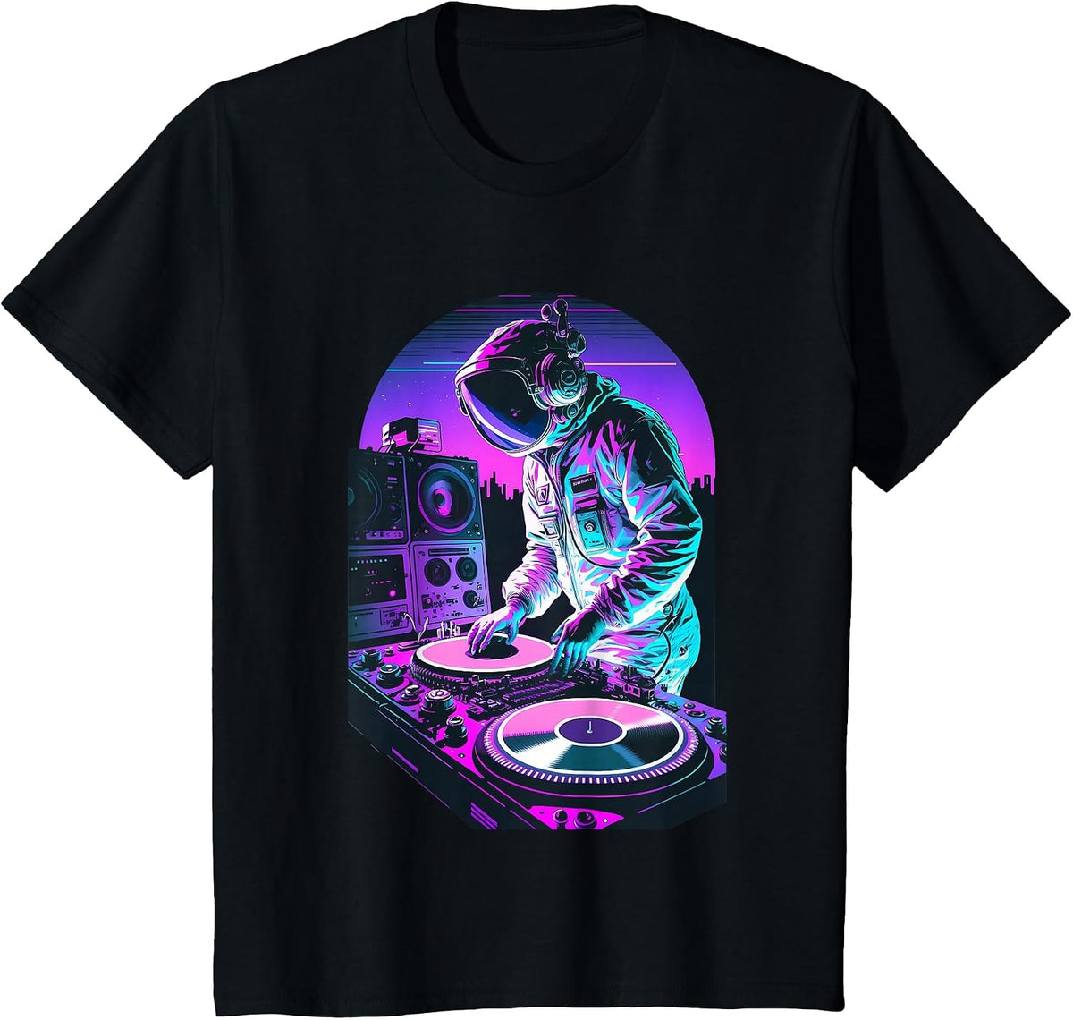 Astronaut DJ, DJing in Space, EDM Cool Graphic Vaporwave T-Shirt - Black