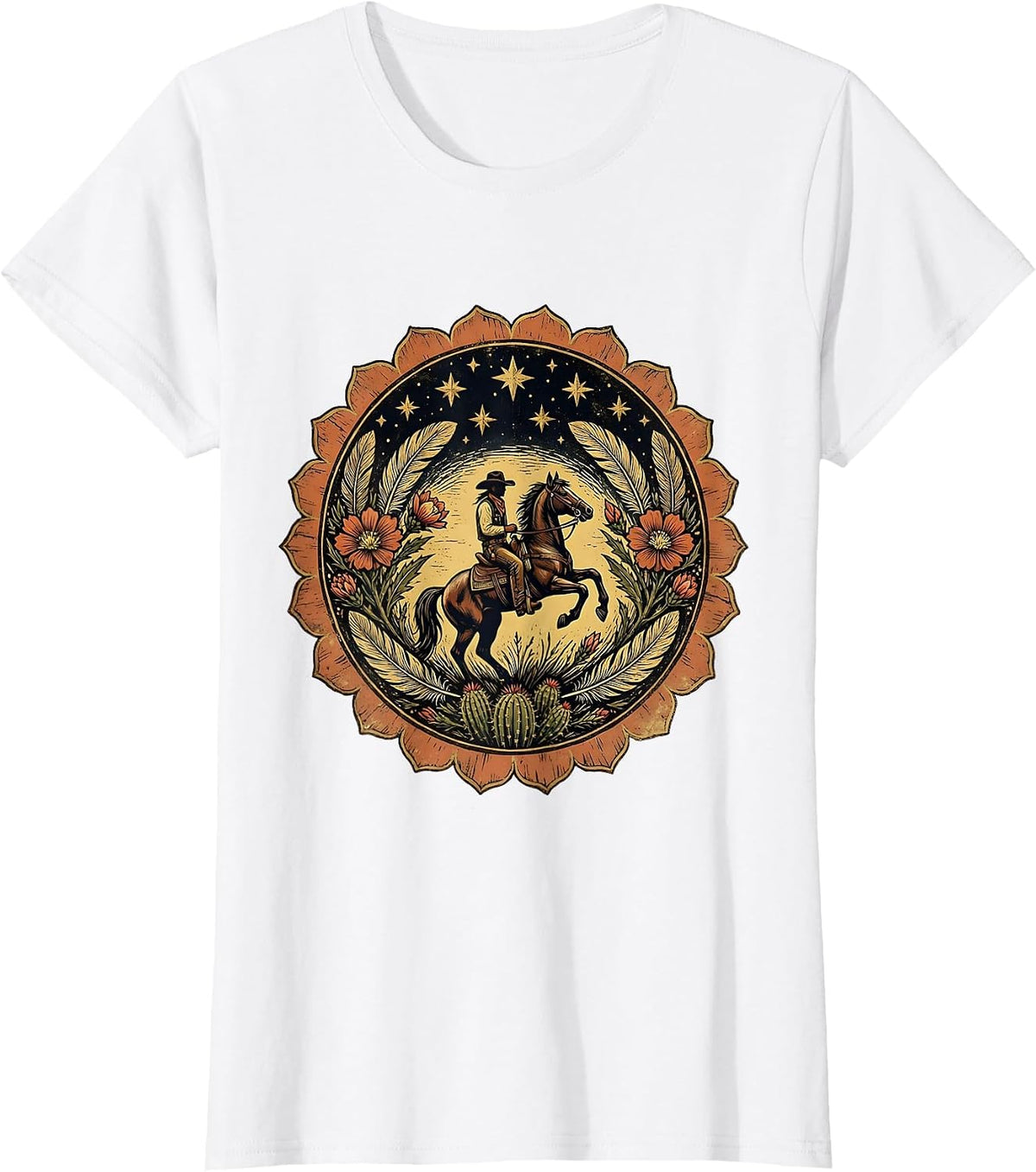 Cowgirl on Horseback Starry Night Sky Graphic T-Shirt - White