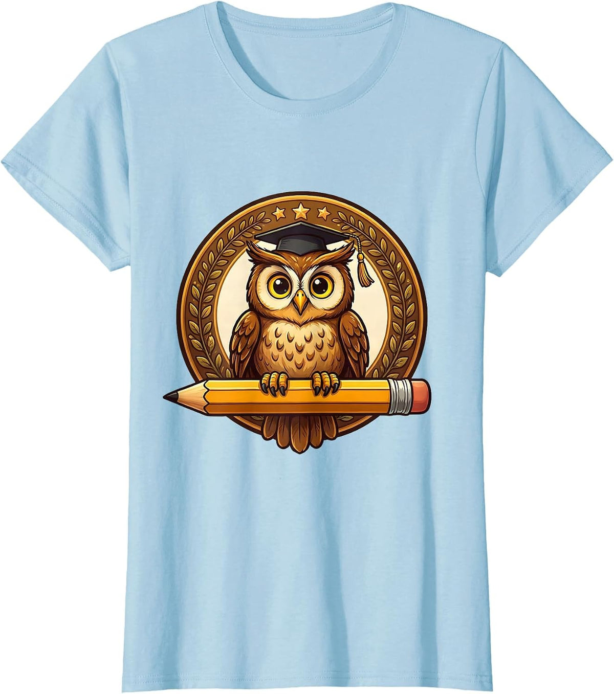 Women's First Grade Teacher Owl Graduation Cap Pencil T-Shirt - Baby Blue