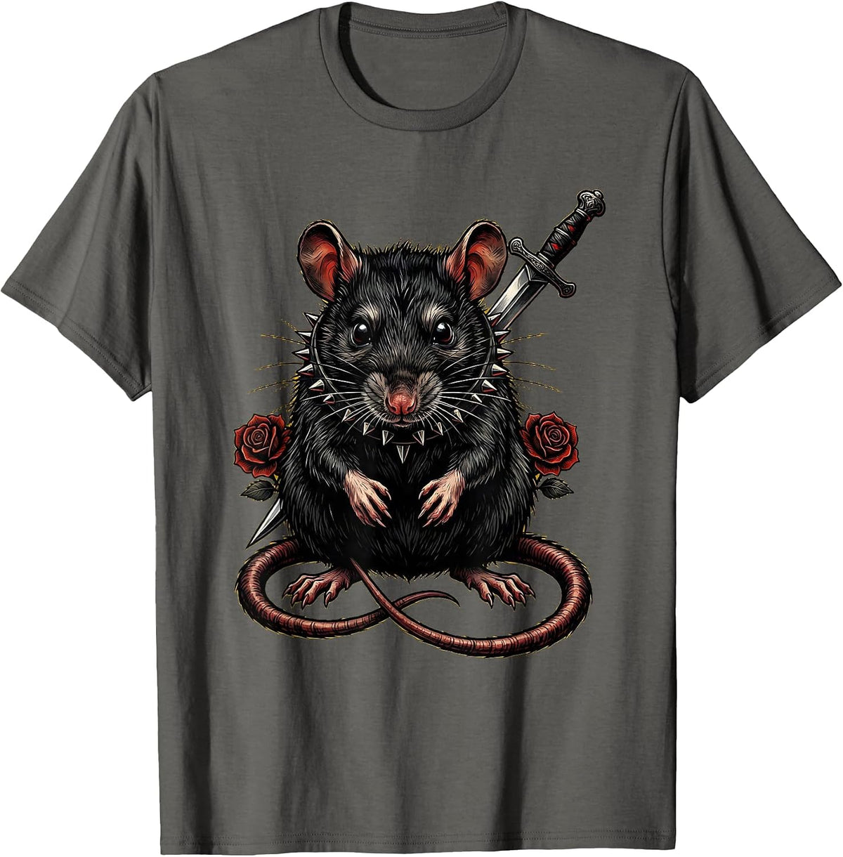 Punk Rat Studded Collar Graphic Design T-Shirt - Asphalt Grey