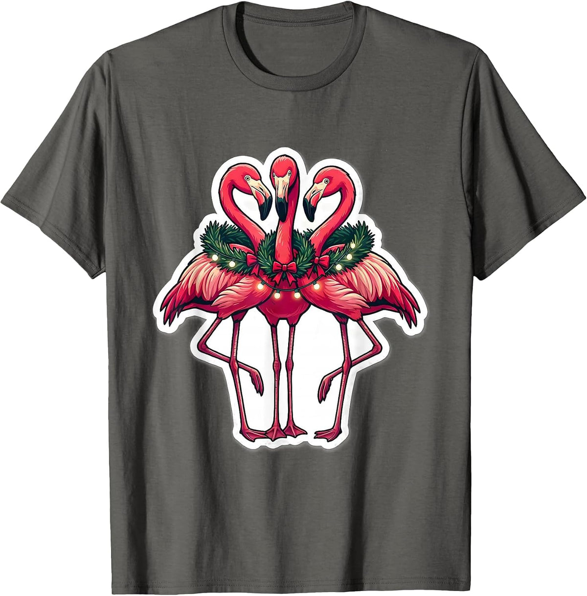 Men's Pink Flamingo Cluster Holiday Novelty Sticker Style T-Shirt - Asphalt Grey