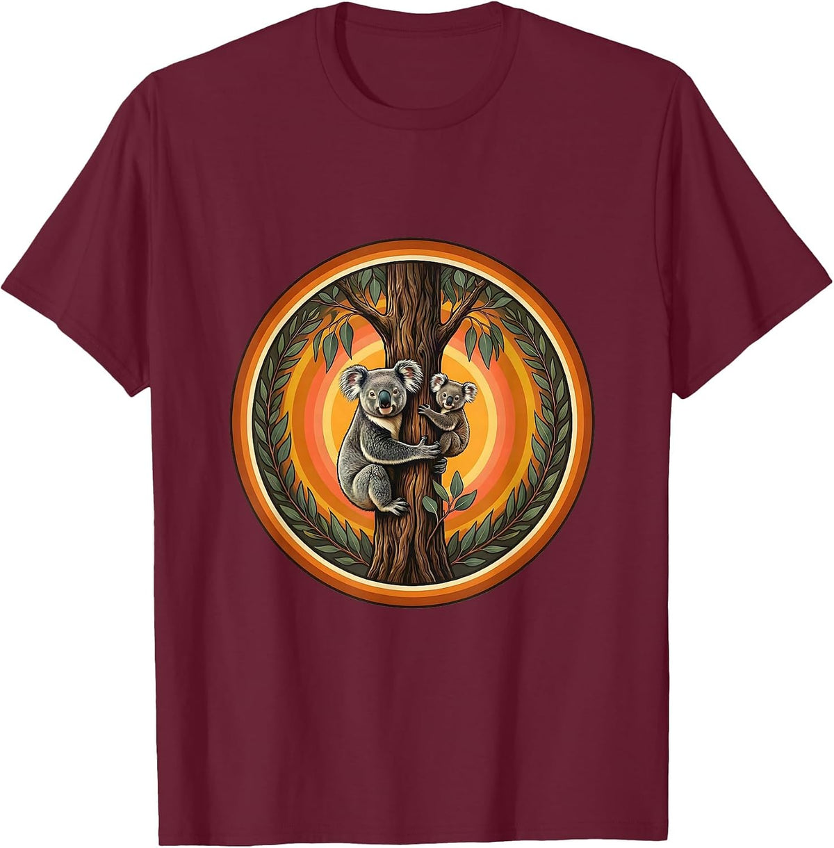 Men's Mama Koala and Baby Clinging to Tree Design T-Shirt - Burgundy