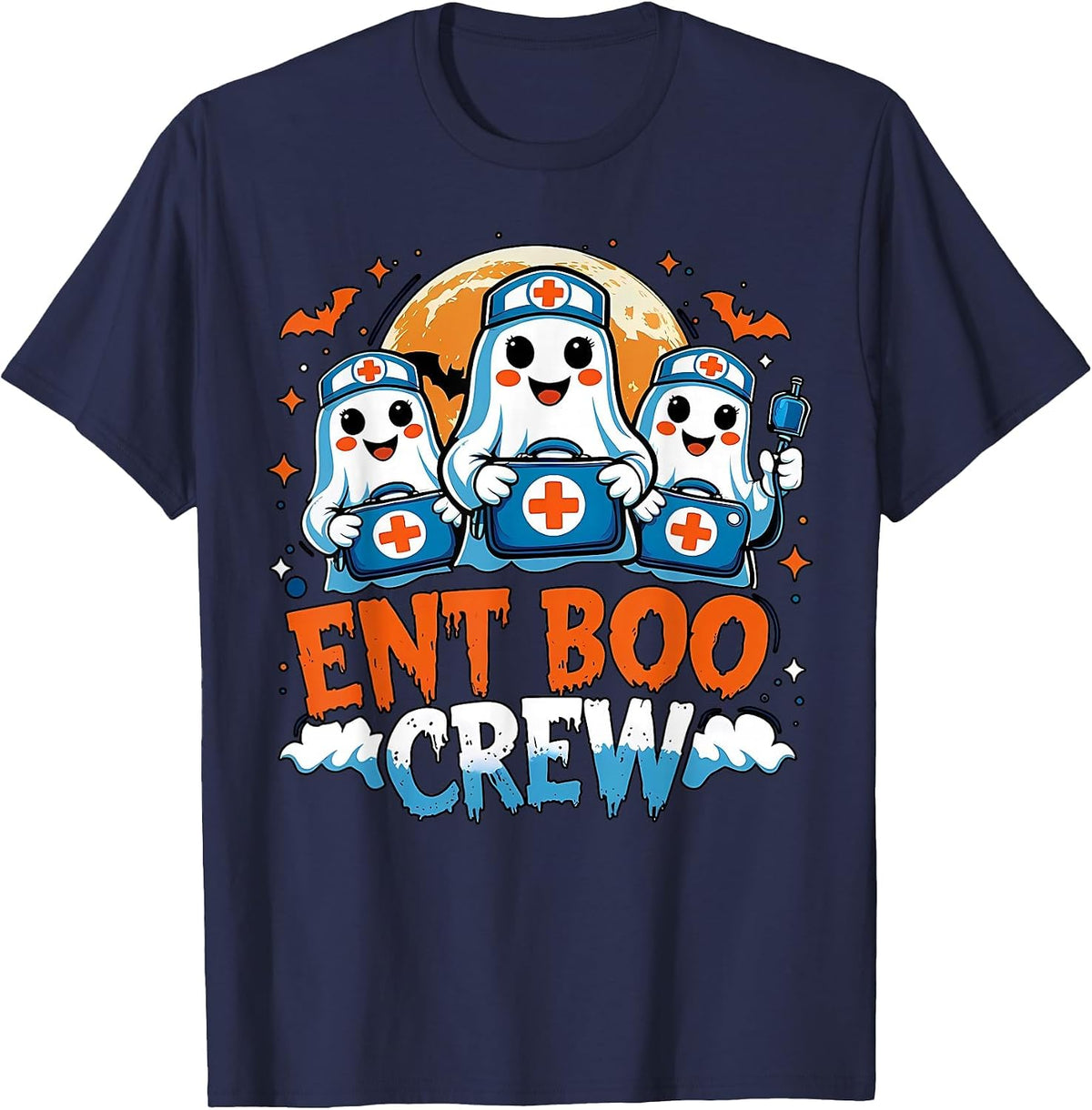 Spooky ENT Boo Crew Nurse Halloween Ghost Otolaryngology T-Shirt - Navy Blue