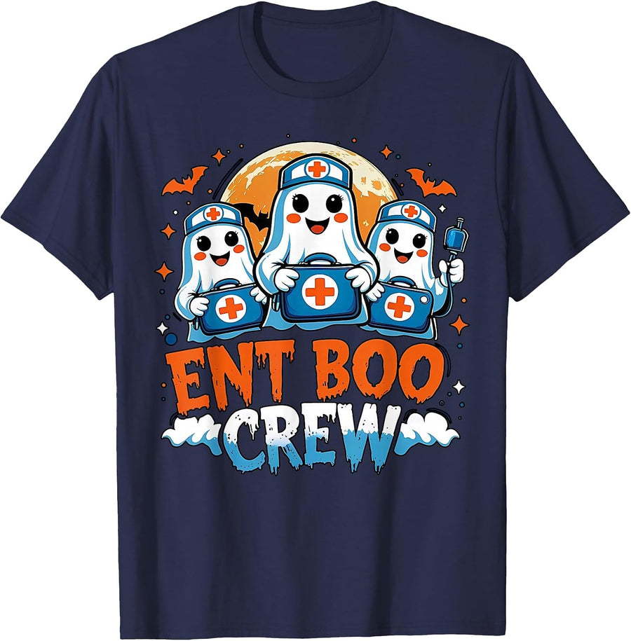 Spooky ENT Boo Crew Nurse Halloween Ghost Otolaryngology T-Shirt - Navy Blue