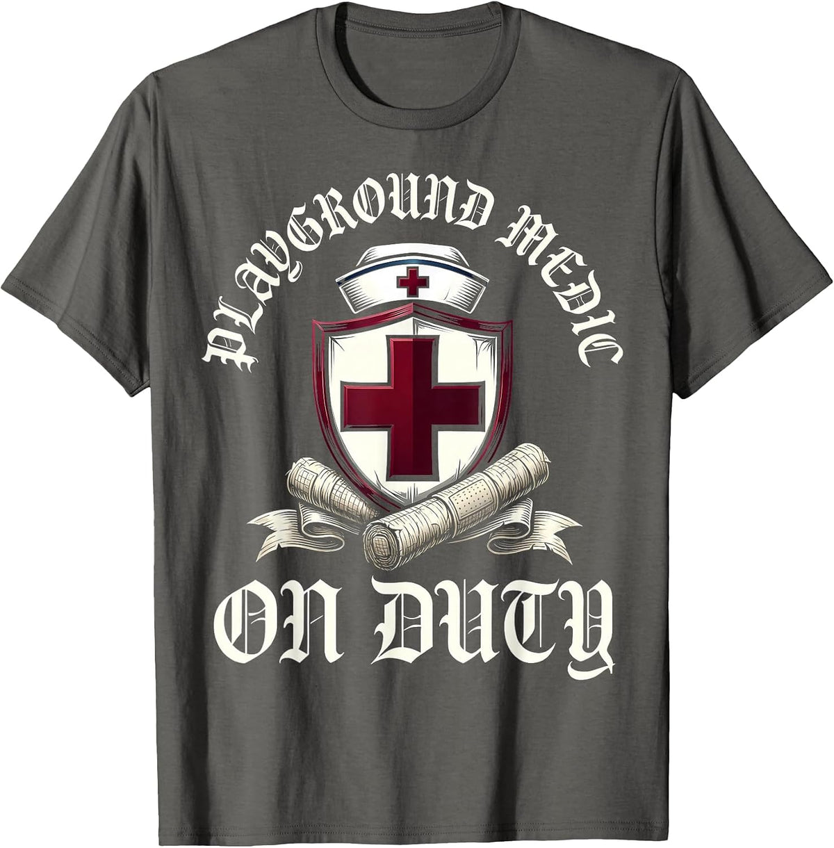 Playground Medic On Duty School Nurse Design T-Shirt - Asphalt Grey