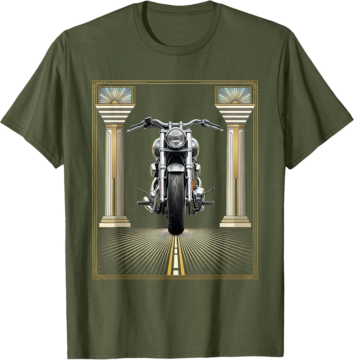 Route 66 Vintage Motorcycle Saloon Graphic Tee T-Shirt - Olive Green