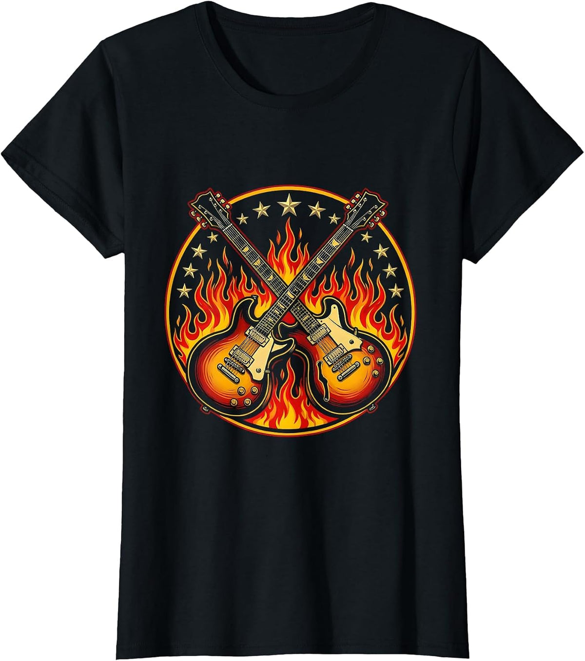 Double-Neck Guitar Flames Stars 80s Rock Design T-Shirt - Black