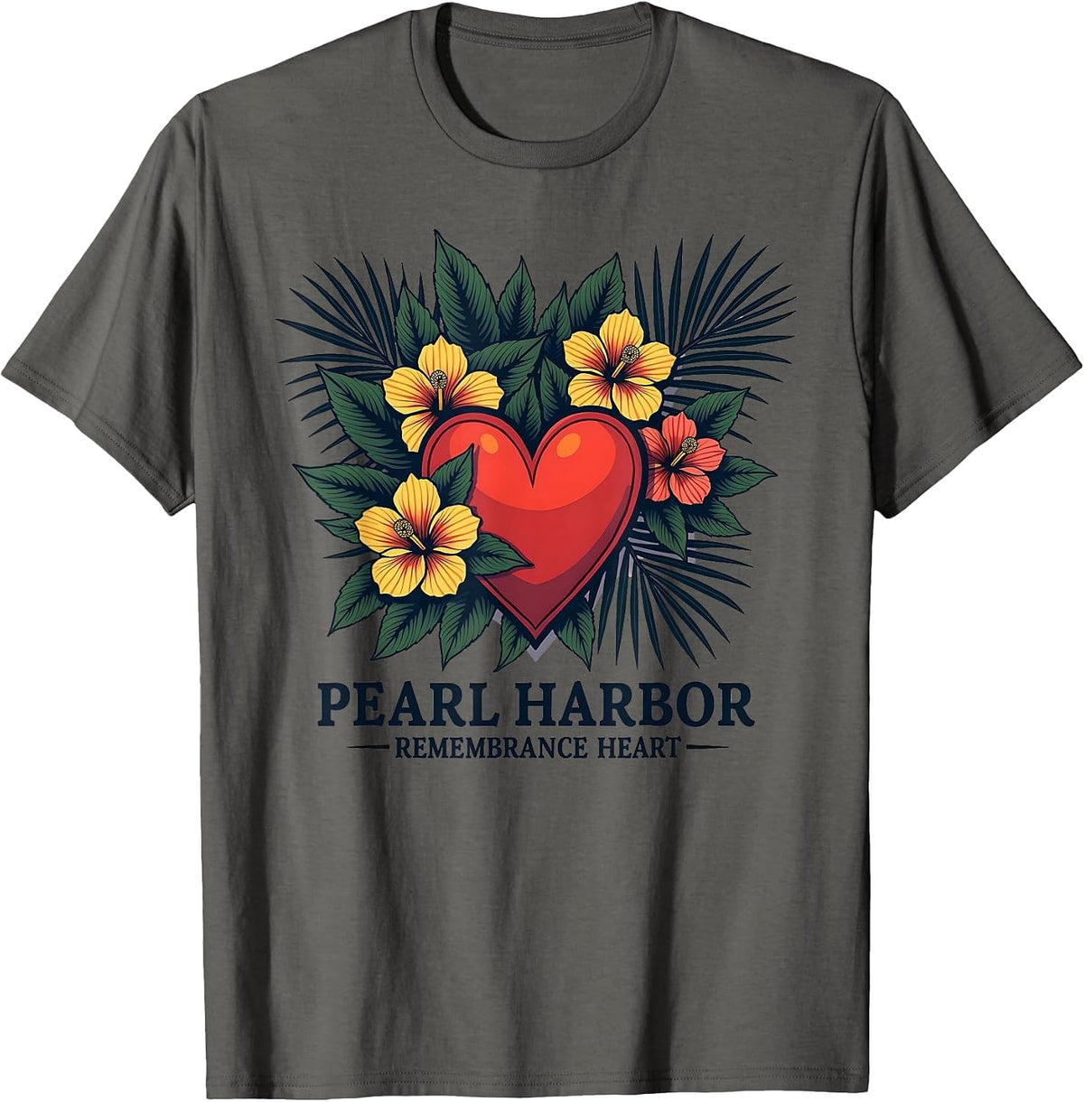 Pearl Harbor Remembrance Heart Tiki Hawaiian Design T-Shirt - Asphalt Grey