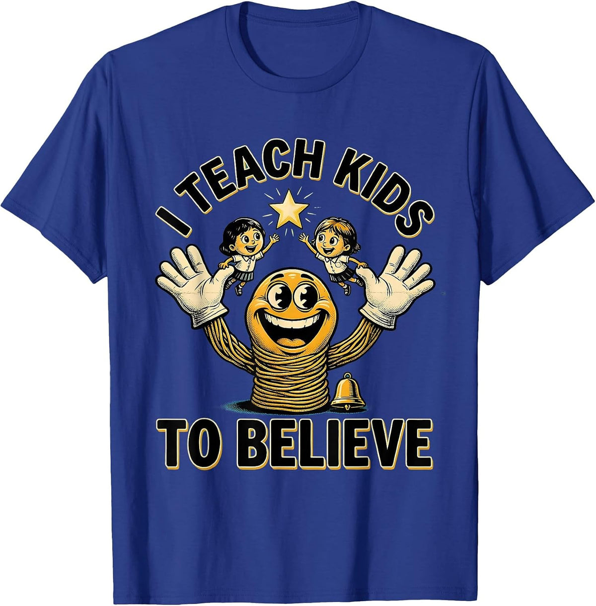 I Teach Kids To Believe Retro Cartoon Teacher Appreciation T-Shirt - Royal Blue