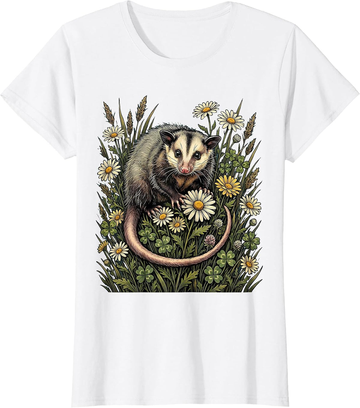 Women's Opossum in Wildflower Field Illustration T-Shirt - White