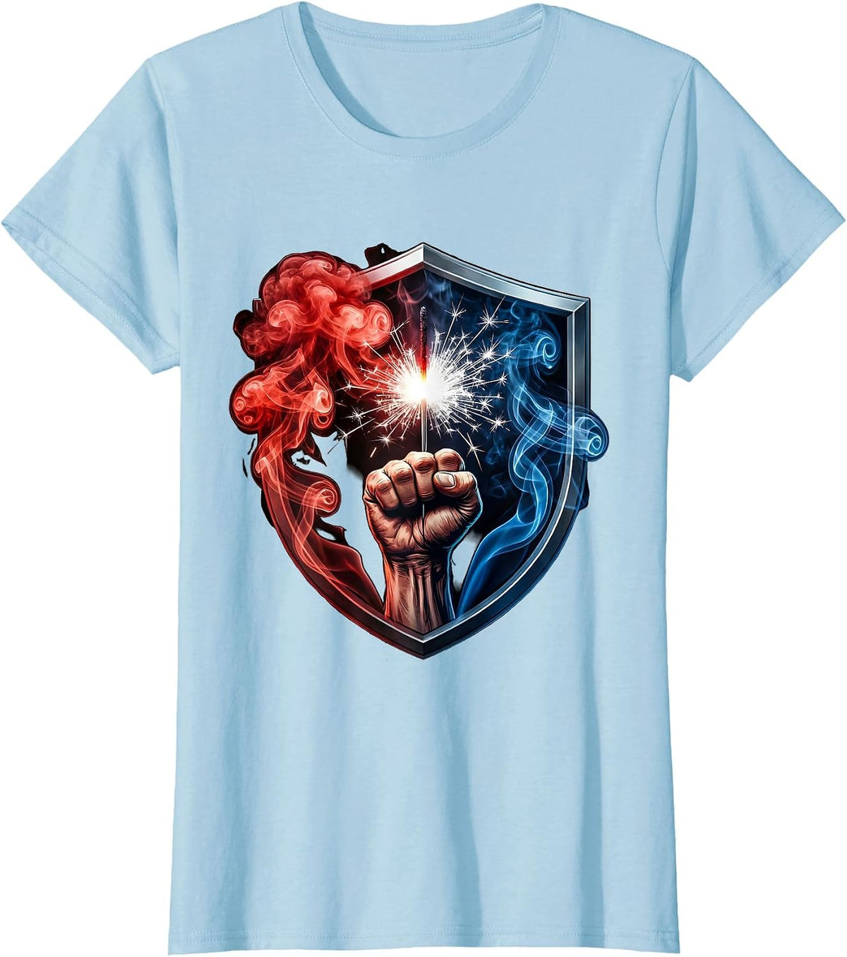 Red White Blue Raised Fist Sparkler Patriotic Design T-Shirt - Baby Blue