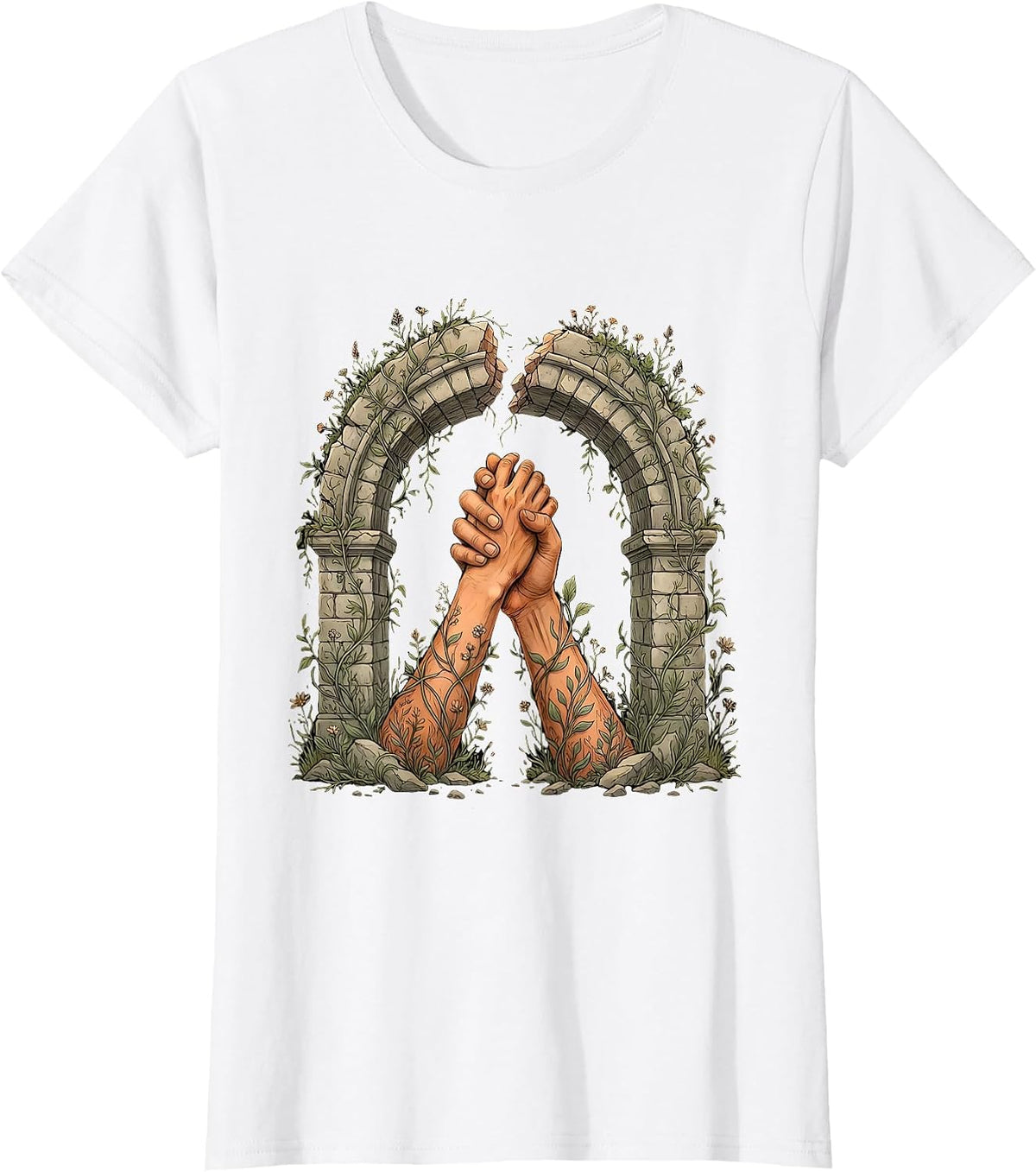 Women's Linked Arms Across a Broken Bridge Unity Design T-Shirt - White