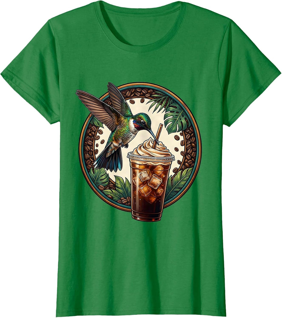 Women's Hummingbird Iced Coffee Lover Graphic Tee T-Shirt - Kelly Green