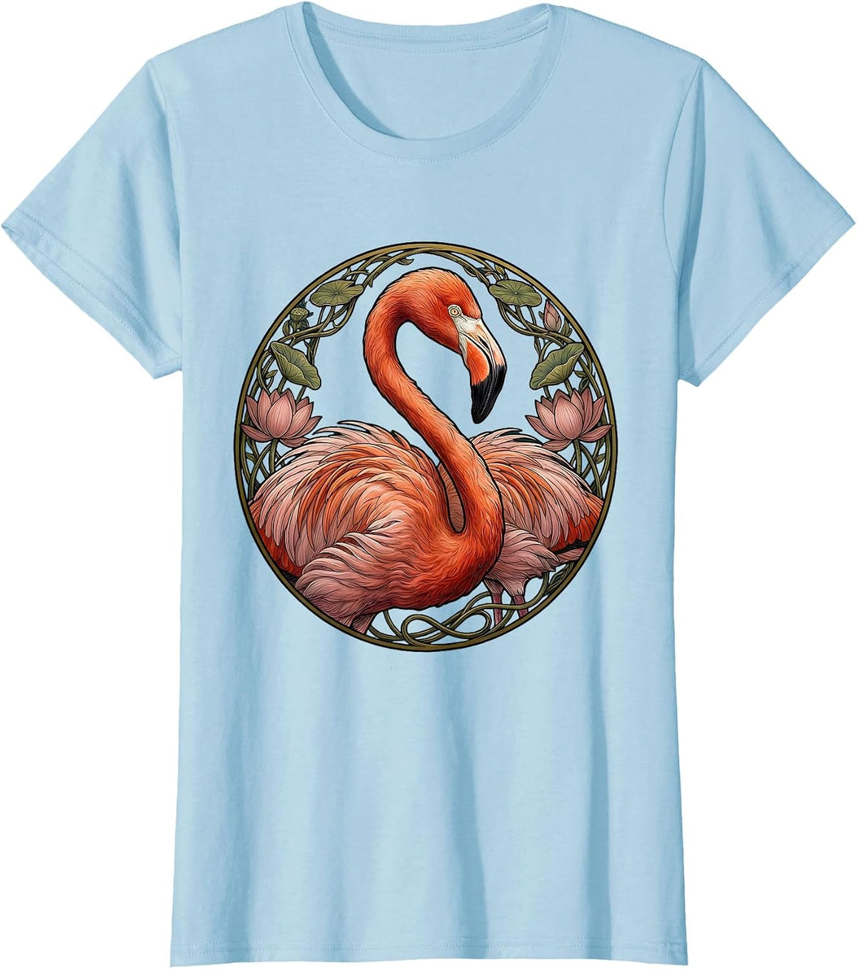 Women's Flamingo Crescent Moon Neck Curl Illustration T-Shirt - Baby Blue