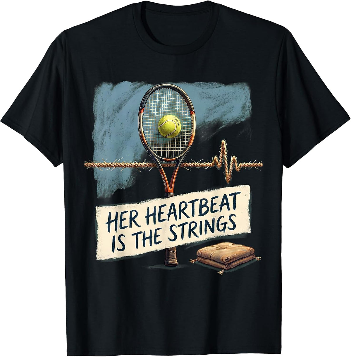 Men's Her Heartbeat Is The Strings Storybook Tennis Lover Gift T-Shirt - Black