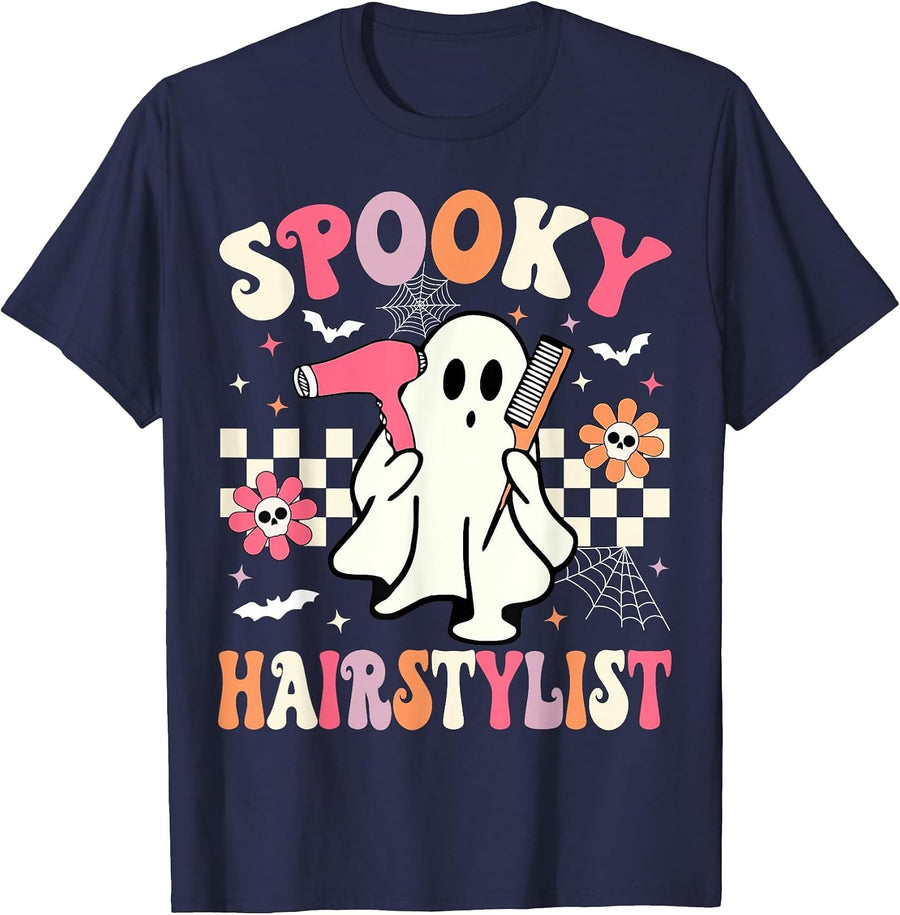 Spooky Hairstylist Halloween Groovy Hairdresser Halloween T-Shirt - Navy Blue
