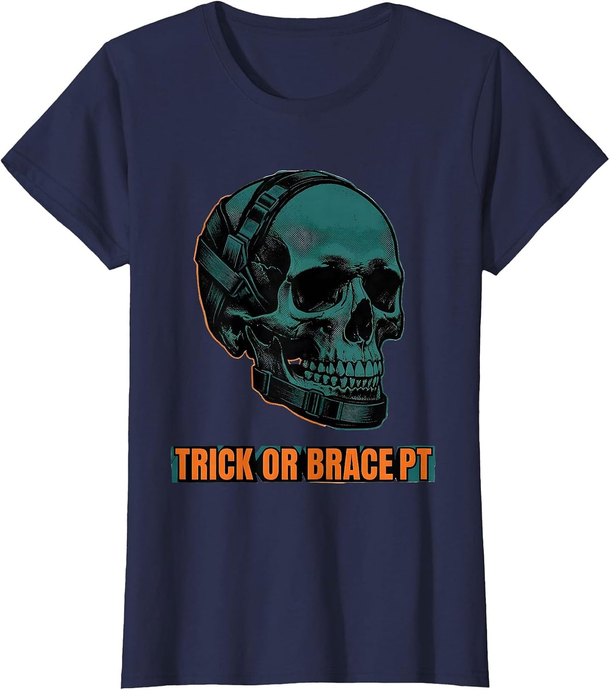 Women's Trick Or Brace PT Funny Physical Therapy Halloween Workwear T-Shirt - Navy Blue