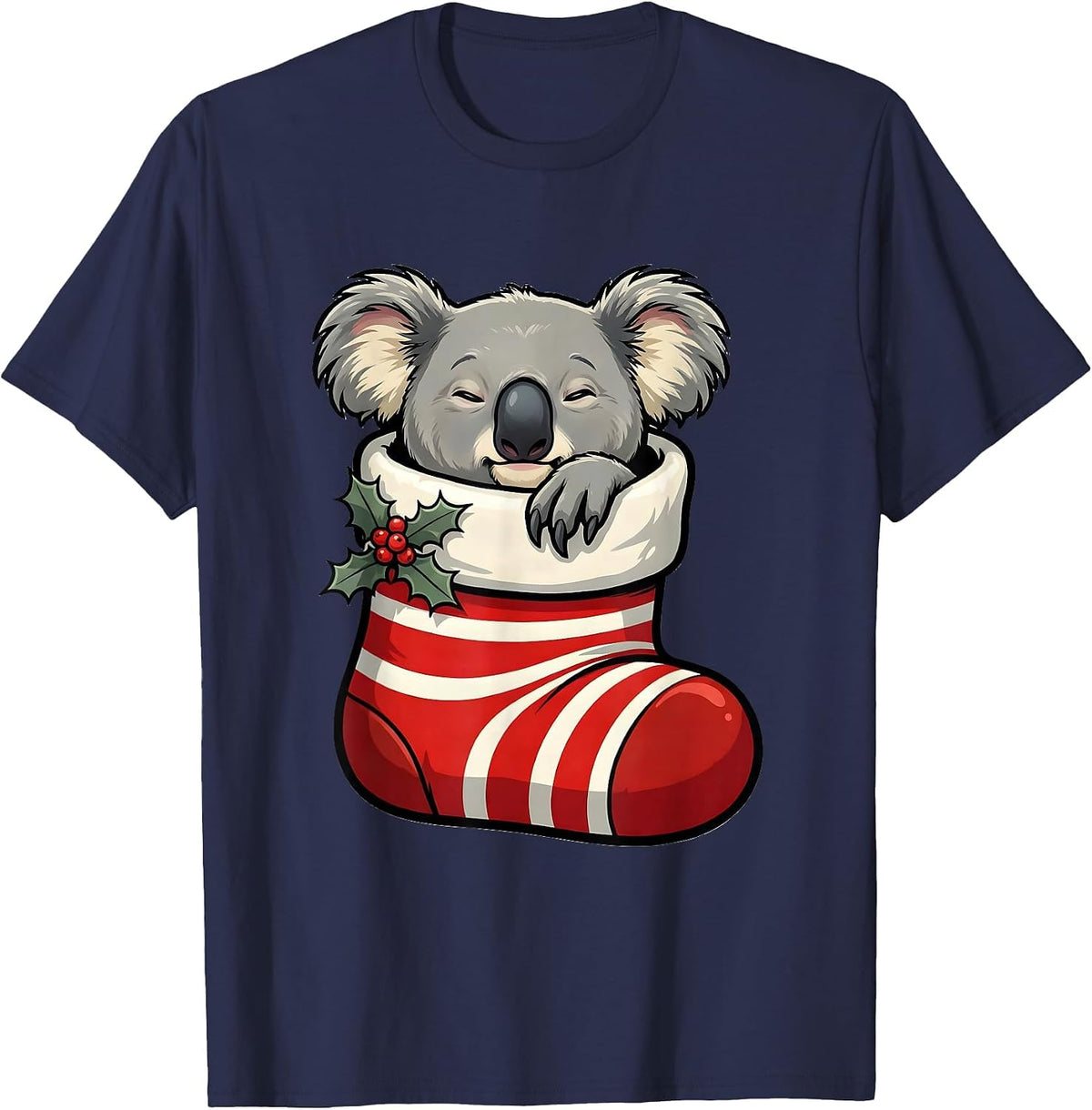 Koala In Christmas Stocking Cartoon Funny Novelty T-Shirt - Navy Blue