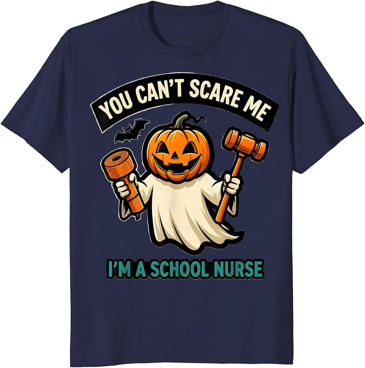 Men's You Can't Scare Me I'm a School Nurse Funny Halloween Ghost T-Shirt - Navy Blue