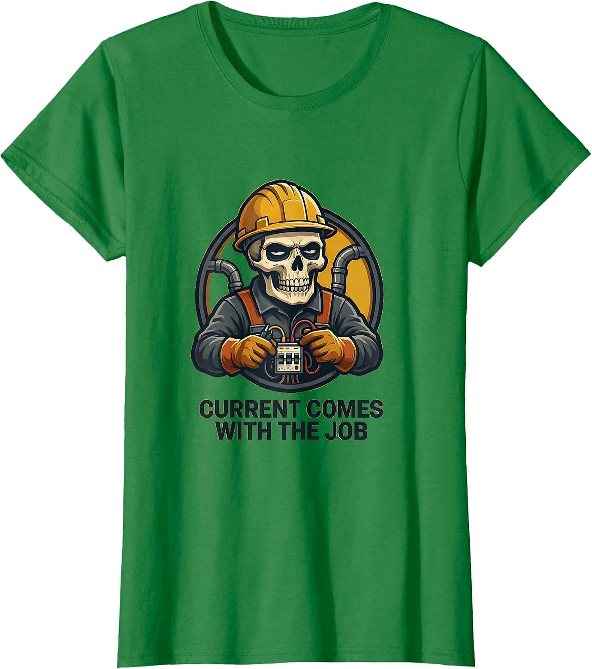 Current Comes With The Job Funny Electrician Skeleton Mascot T-Shirt - Kelly Green