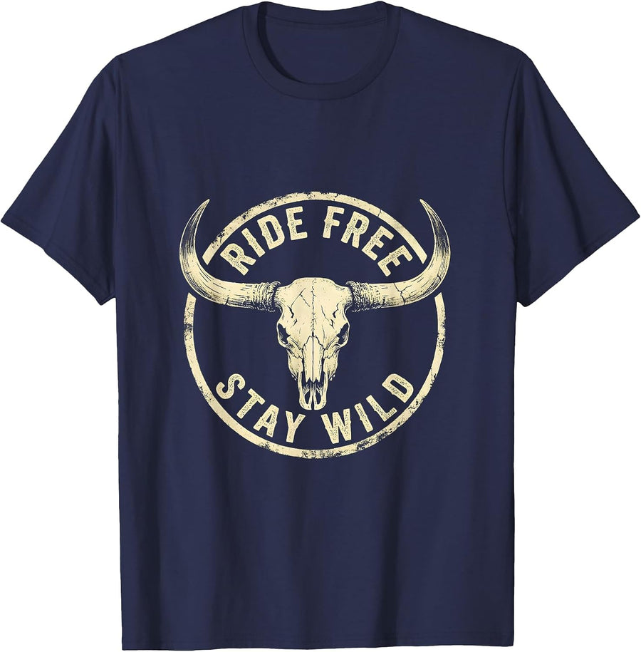 Ride Free Stay Wild Freedom Long Sleeve Design T-Shirt - Navy Blue