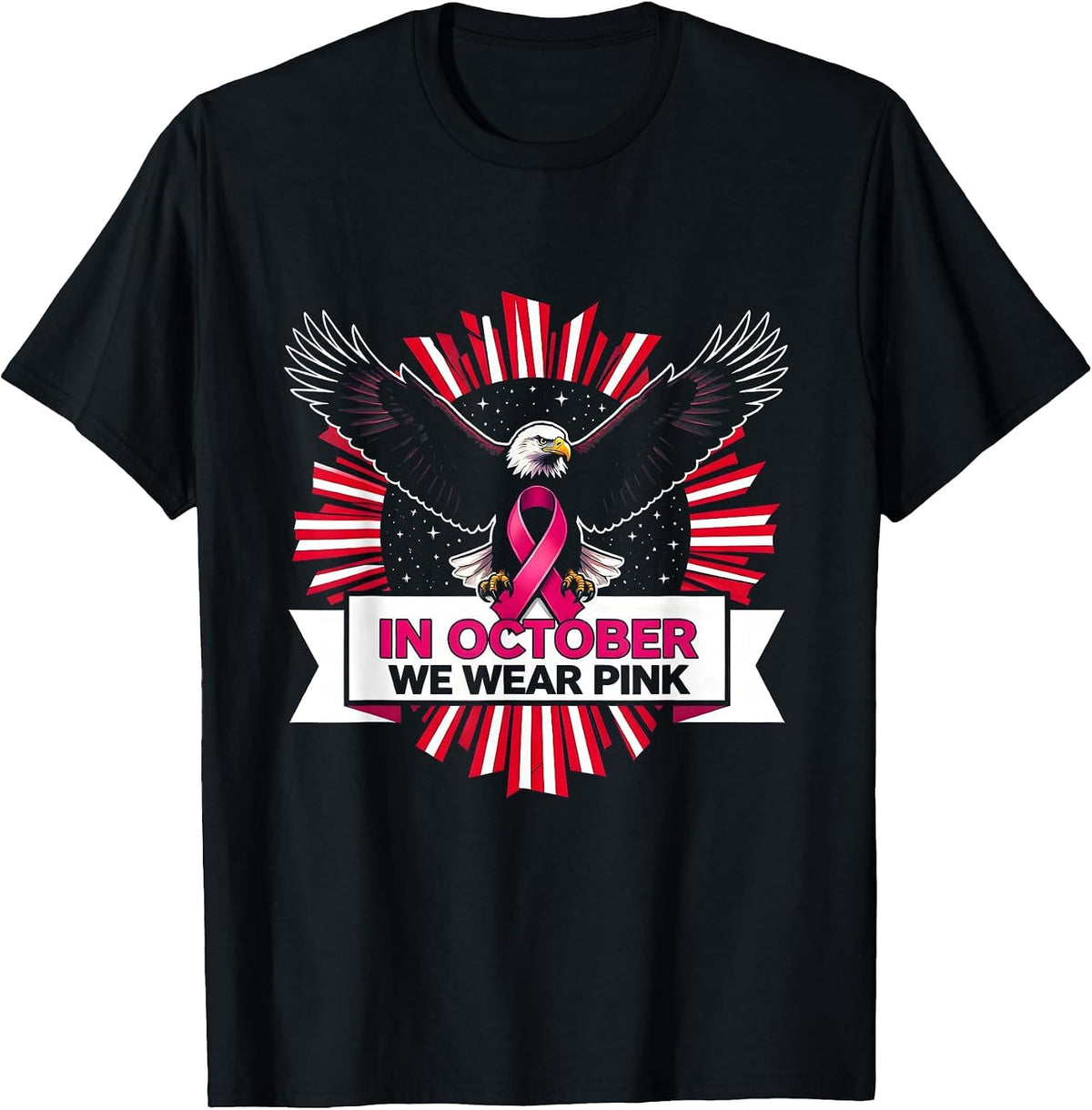 Men's In October We Wear Pink Patriotic Eagle Breast Cancer T-Shirt - Black