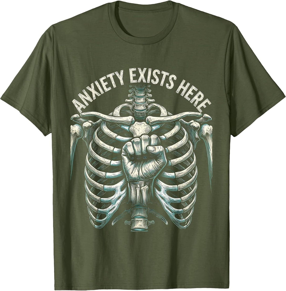Anxiety Exists Here Mental Health Awareness Design T-Shirt - Olive Green