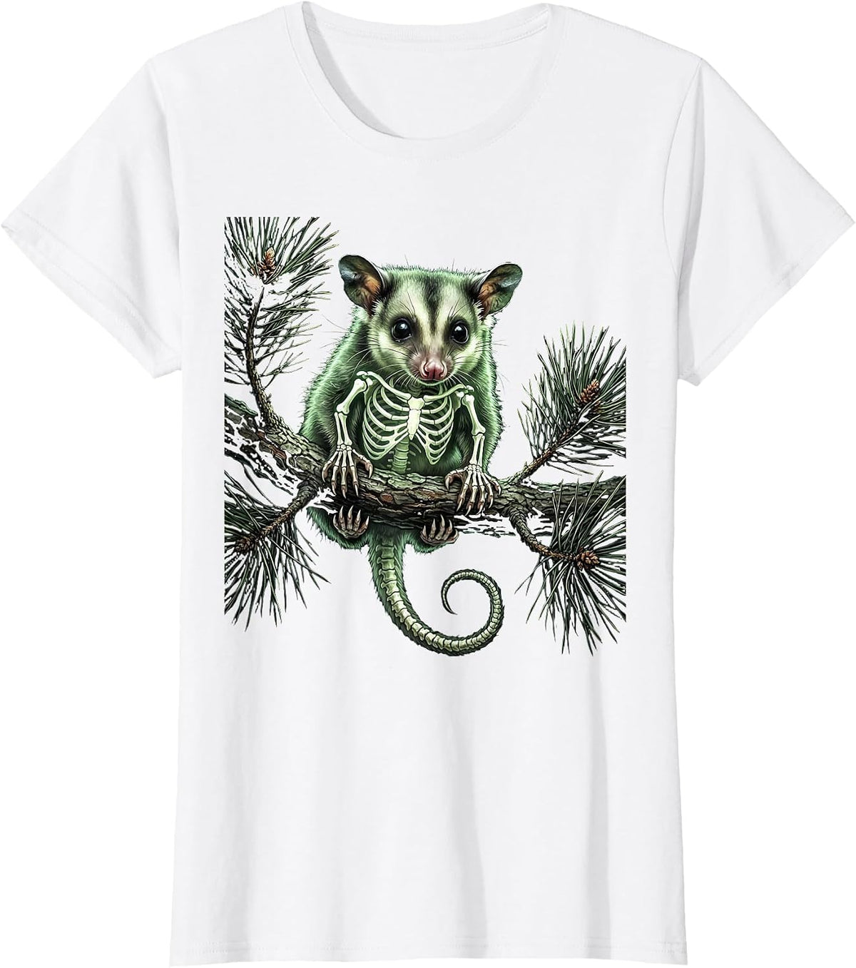 Women's Baby Opossum on Pine Branch Illustration T-Shirt - White