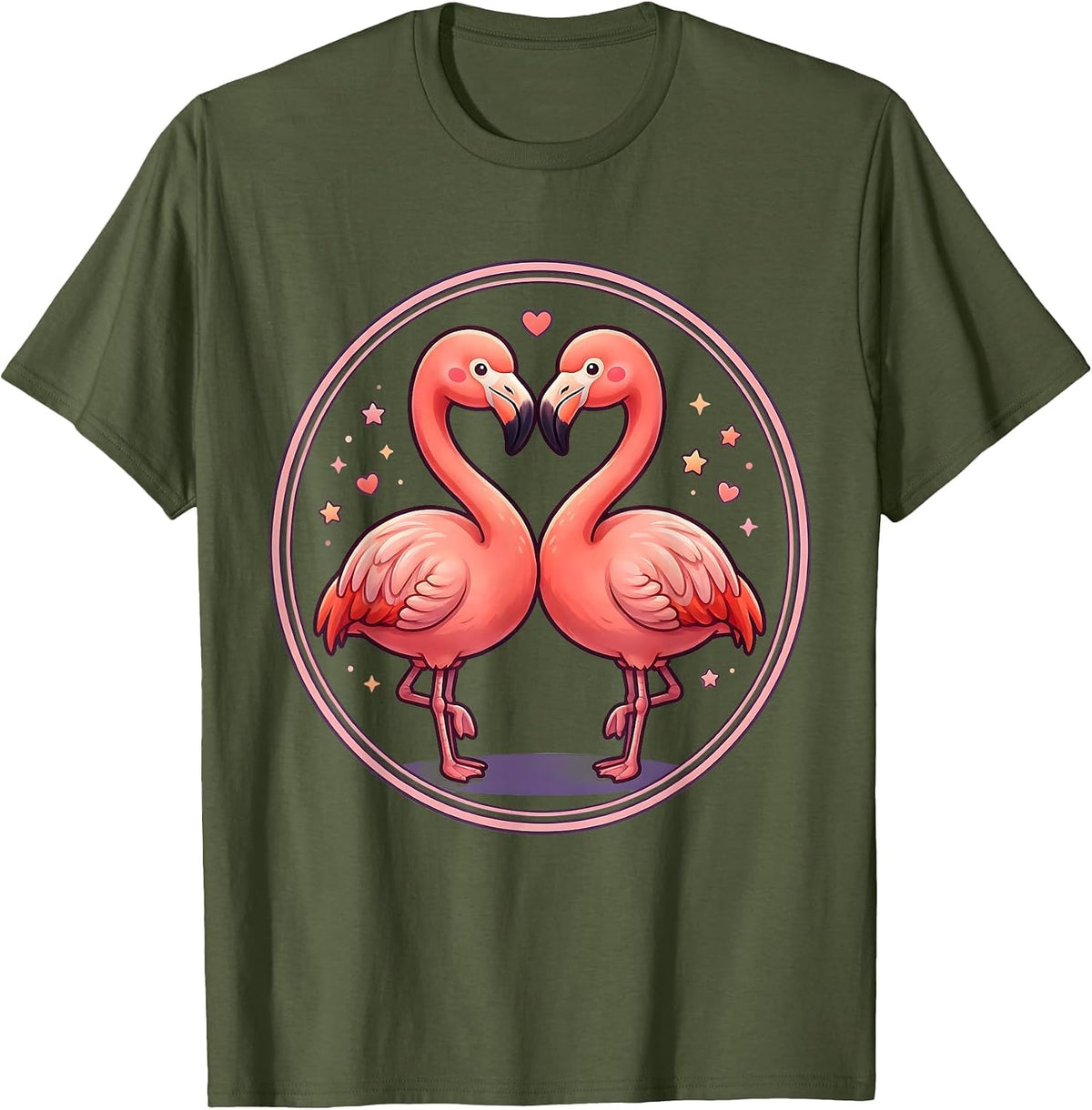 Men's Flamingo Heart Love Romantic Nature Design T-Shirt - Olive Green