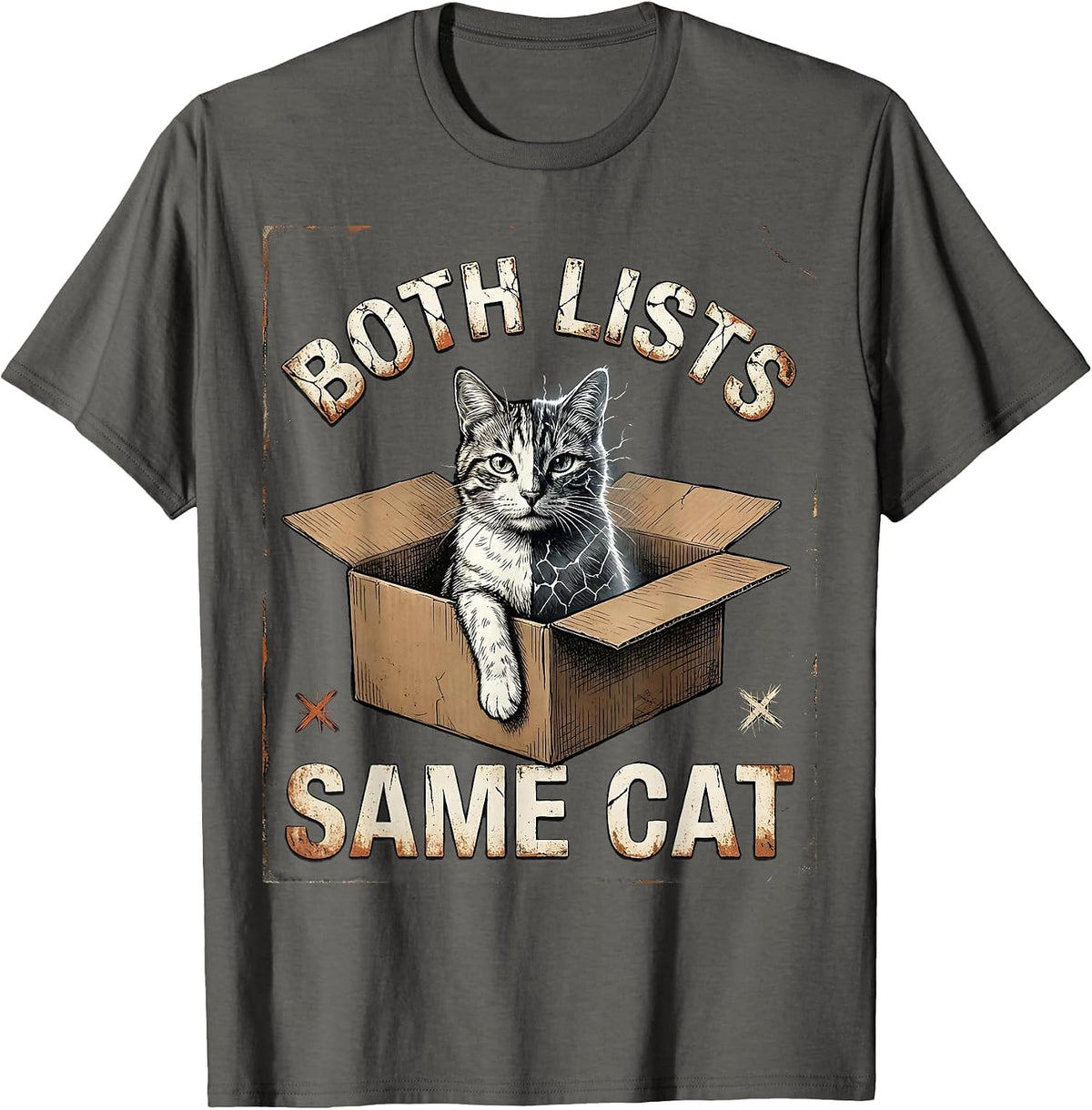 Both Lists Same Cat Distressed Quantum Physics Humor T-Shirt - Asphalt Grey