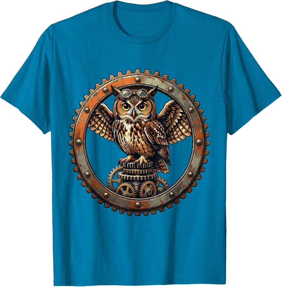 Steampunk Owl on Gear Stack Graphic Design T-Shirt - Sapphire Blue