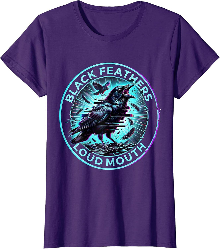 Women's Black Feathers Loud Mouth Bold Bird Design T-Shirt - Purple