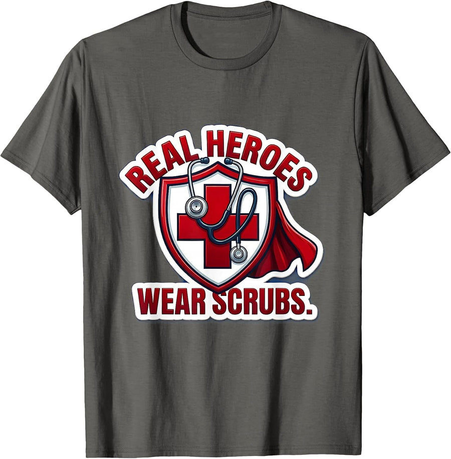 Real Heroes Wear Scrubs School Nurse Design T-Shirt - Asphalt Grey