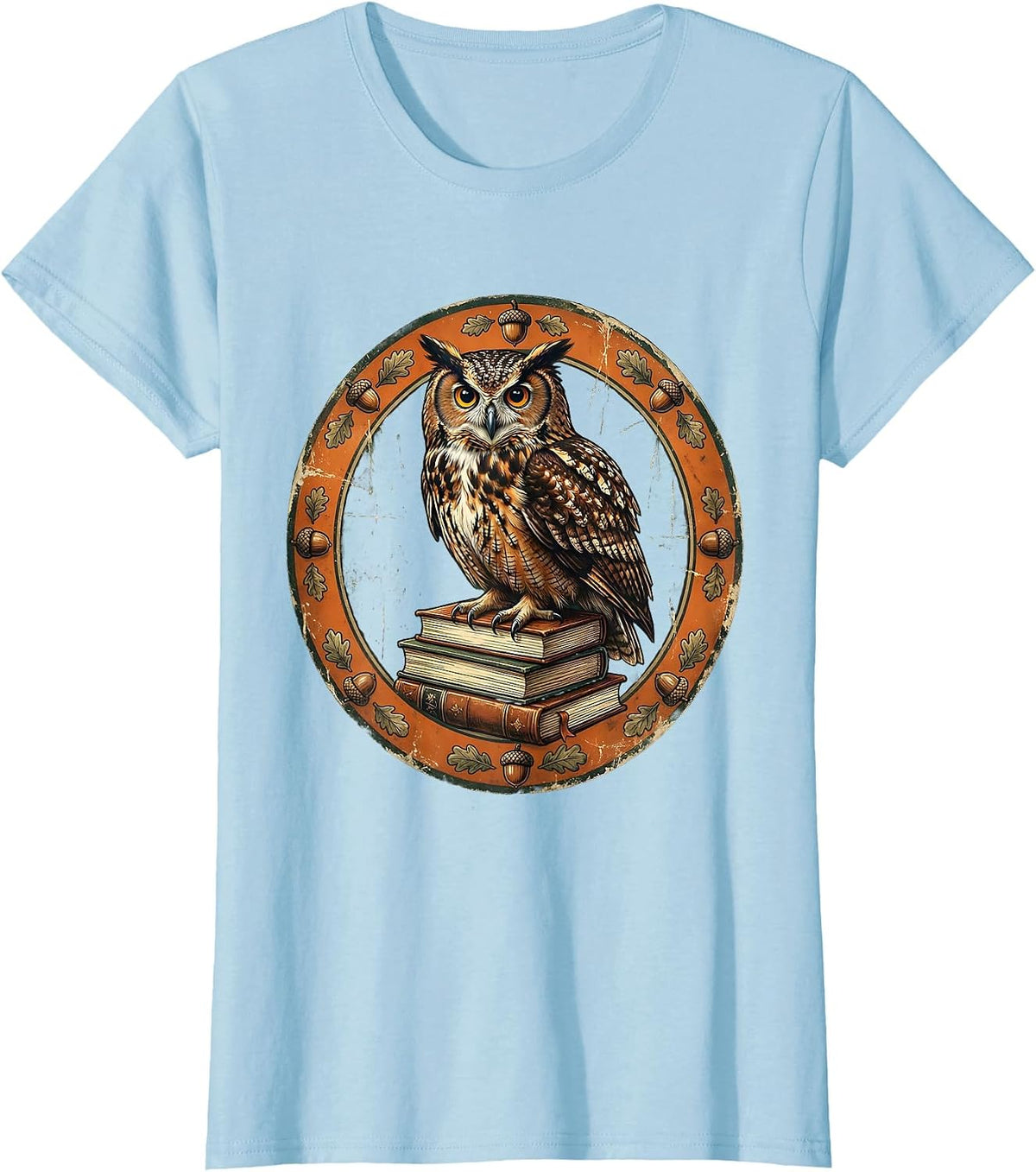 Women's Fall Teacher Owl Perched on Stack of Books T-Shirt - Baby Blue