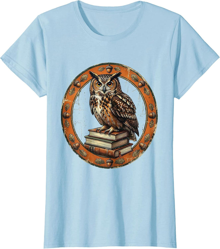 Women's Fall Teacher Owl Perched on Stack of Books T-Shirt - Baby Blue