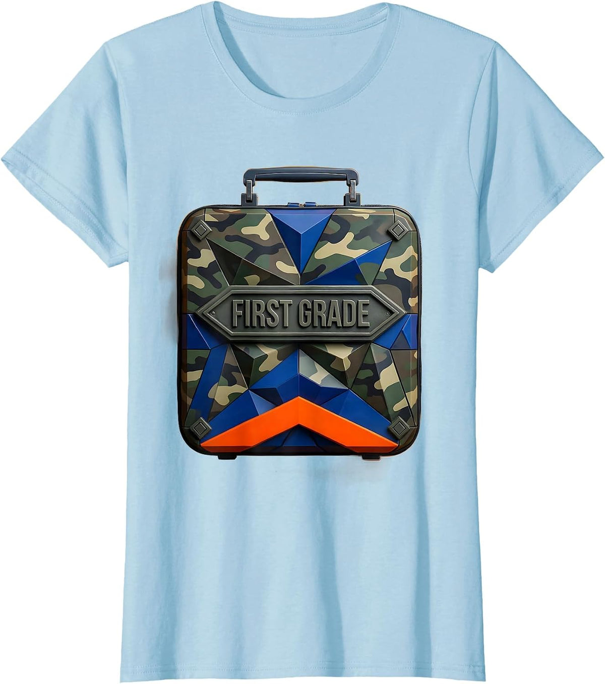 Women's First Grade Geometric Camo Back To School Boy Teacher T-Shirt - Baby Blue