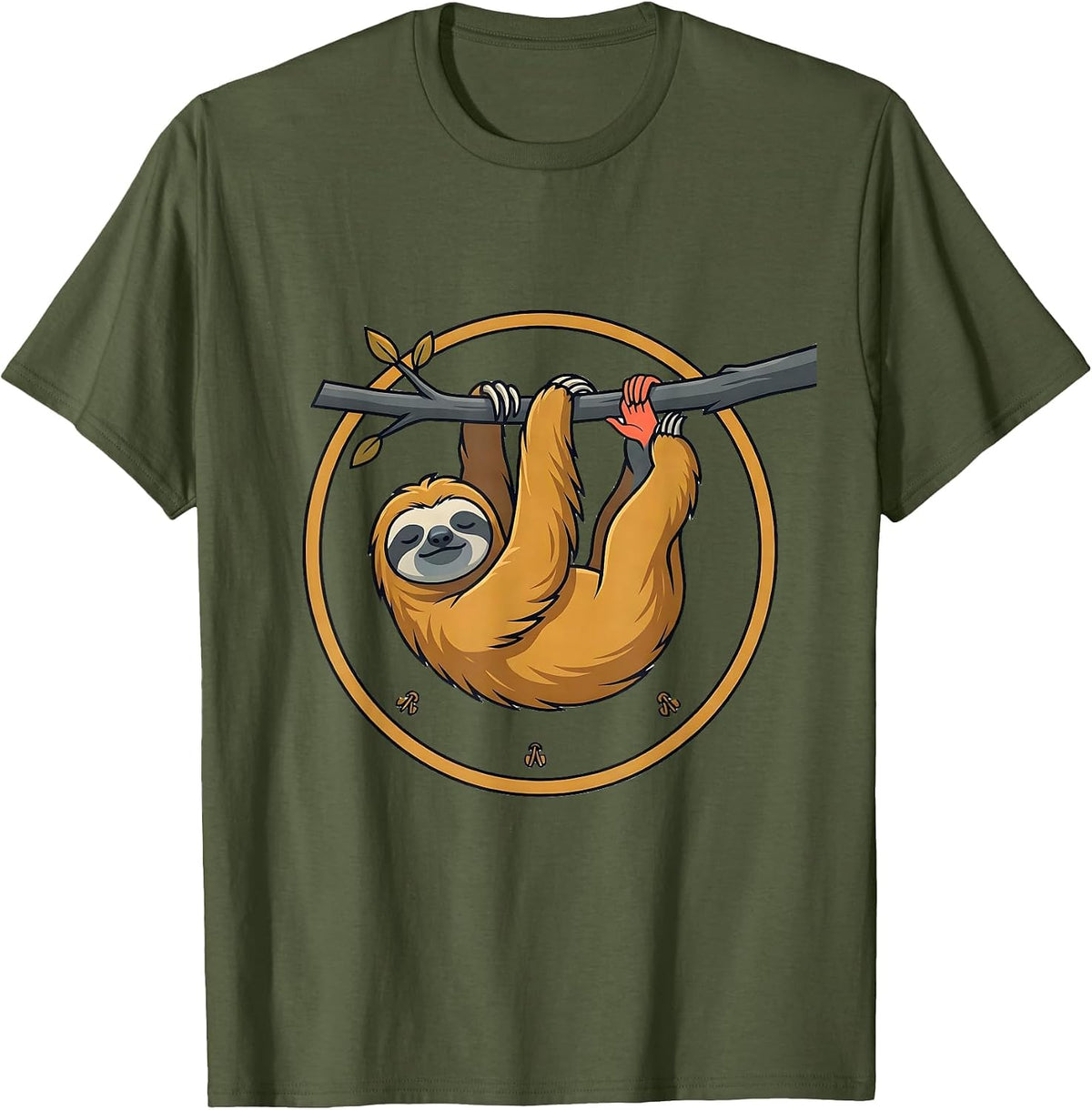 Sloth Hanging Lazy Humor Animal Lover Novelty T-Shirt - Olive Green