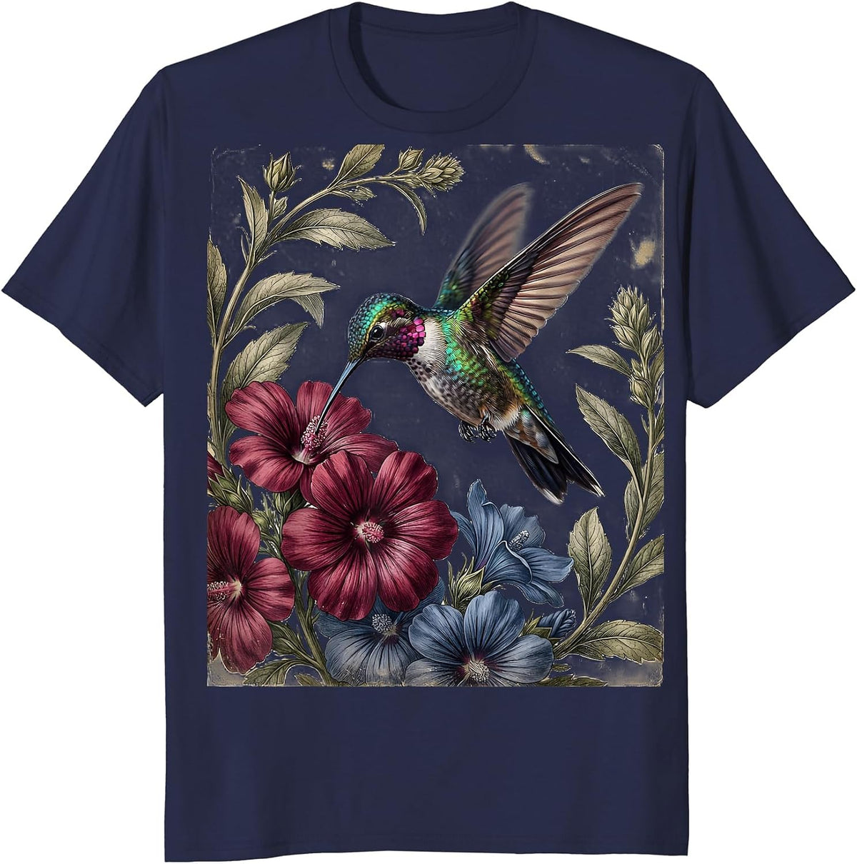 Men's Hummingbird Red White and Blue Floral Design T-Shirt - Navy Blue