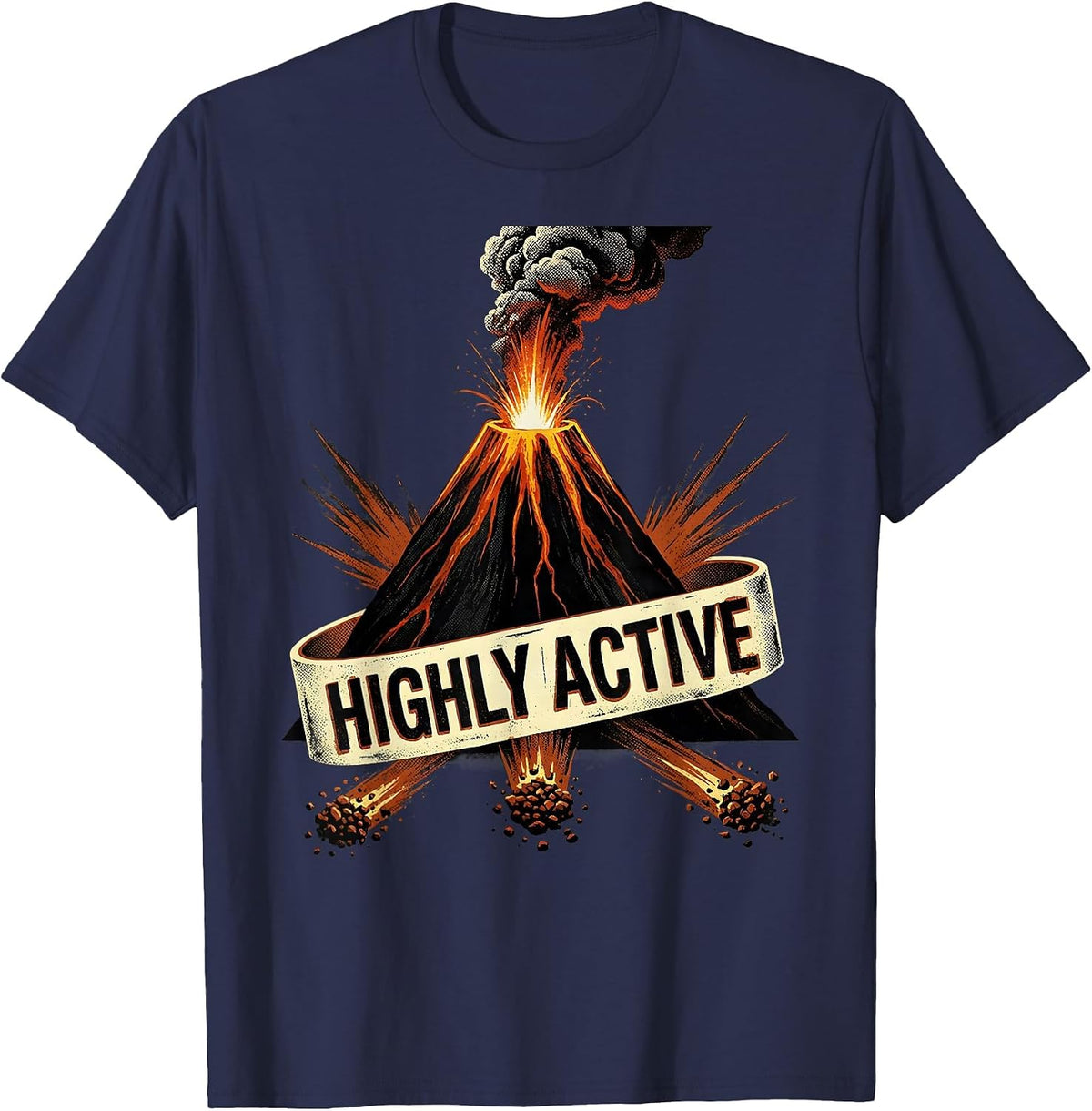 Highly Active Bold Stencil Volcano Halloween Costume T-Shirt - Navy Blue