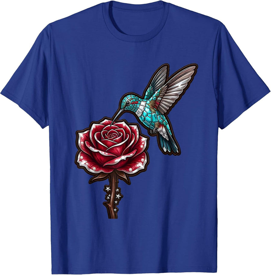 Hummingbird Hovering Over Blooming Rose T-Shirt - Royal Blue