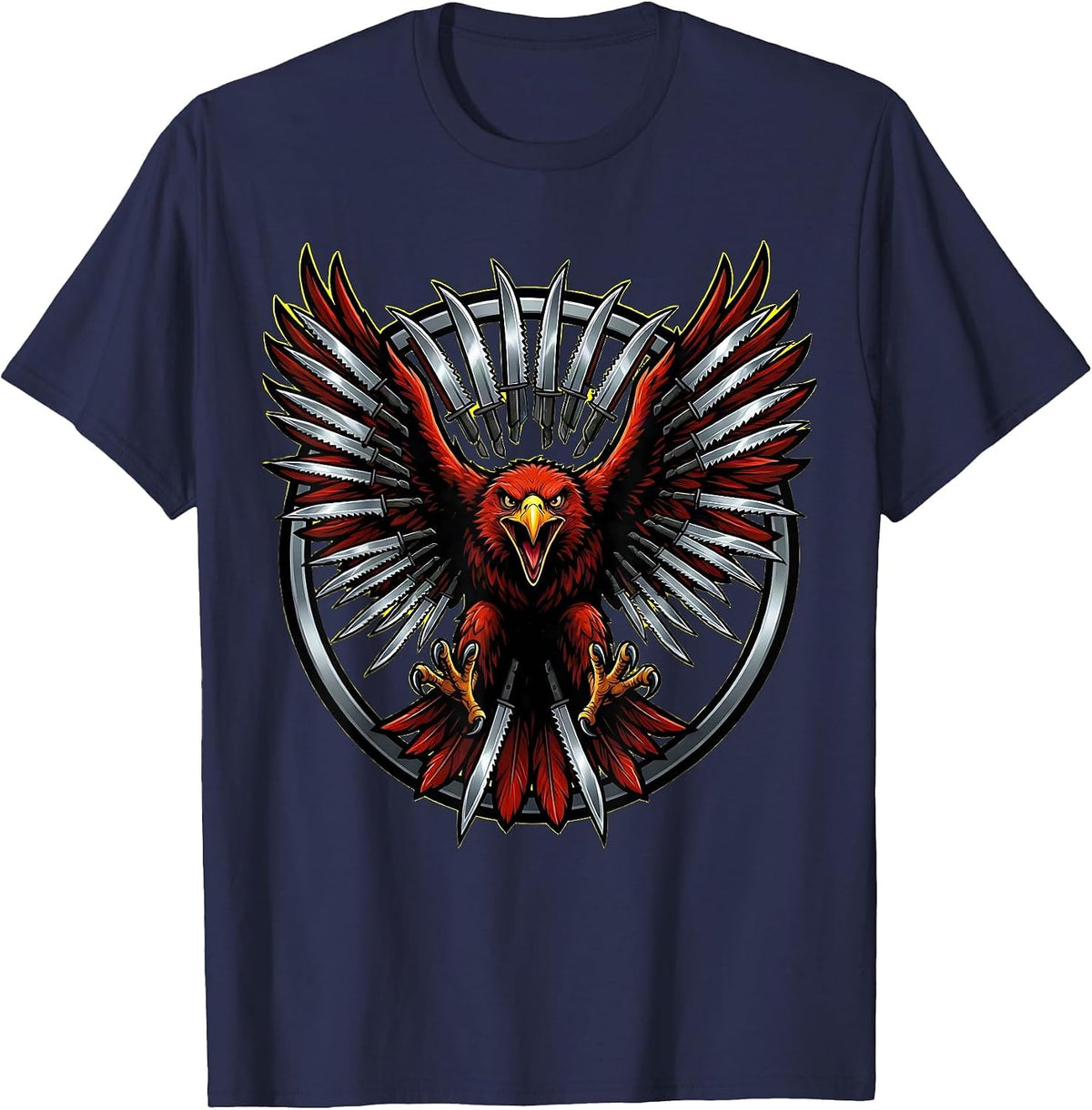 Punk Rock Eagle Razor Blade Feathers Dive T-Shirt - Navy Blue