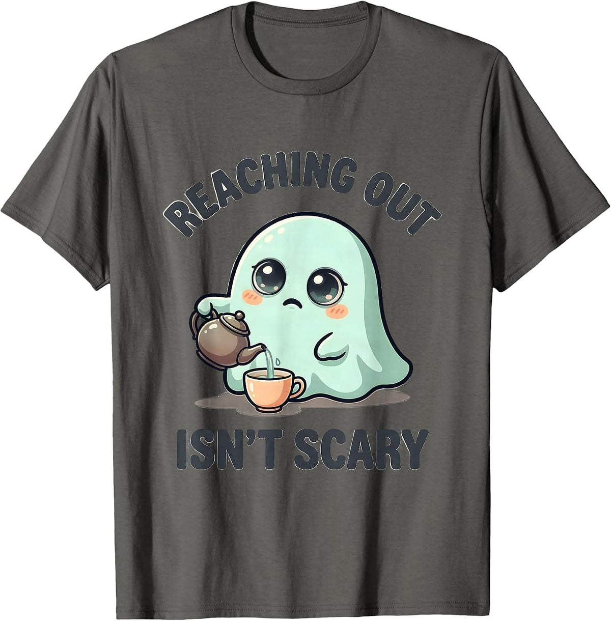 Men's Reaching Out Isn't Scary Cute Kawaii Ghost Halloween Mental T-Shirt - Asphalt Grey