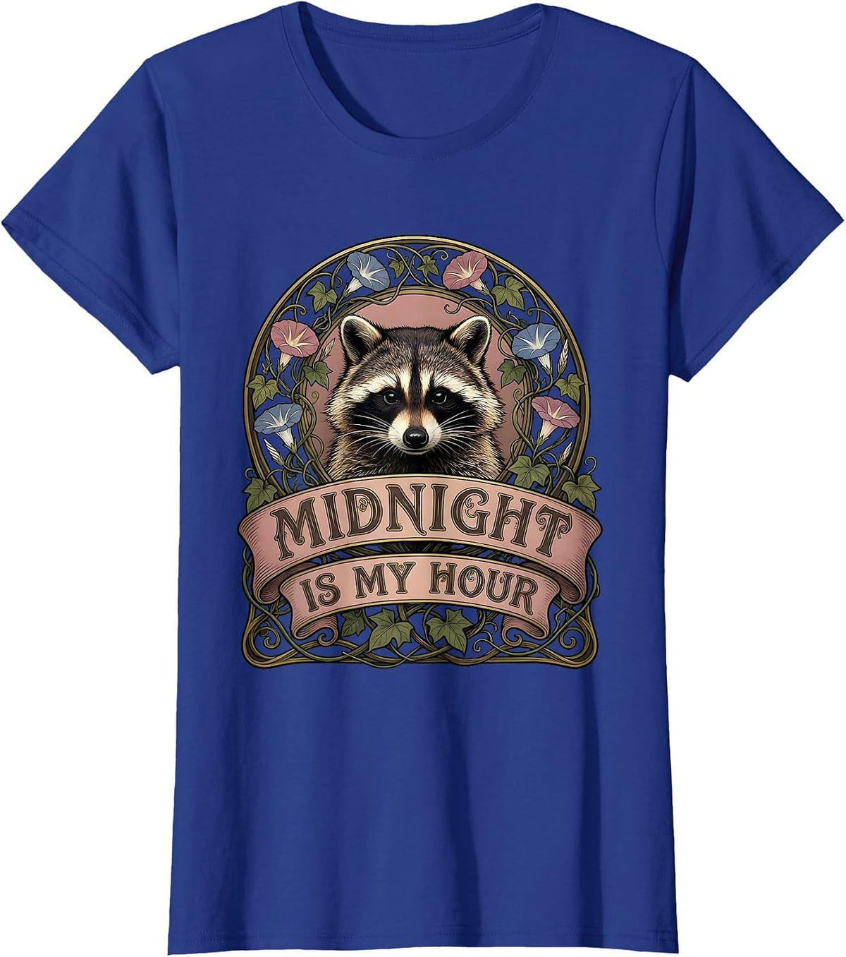Women's Midnight Is My Hour Raccoon Night Owl Design T-Shirt - Royal Blue