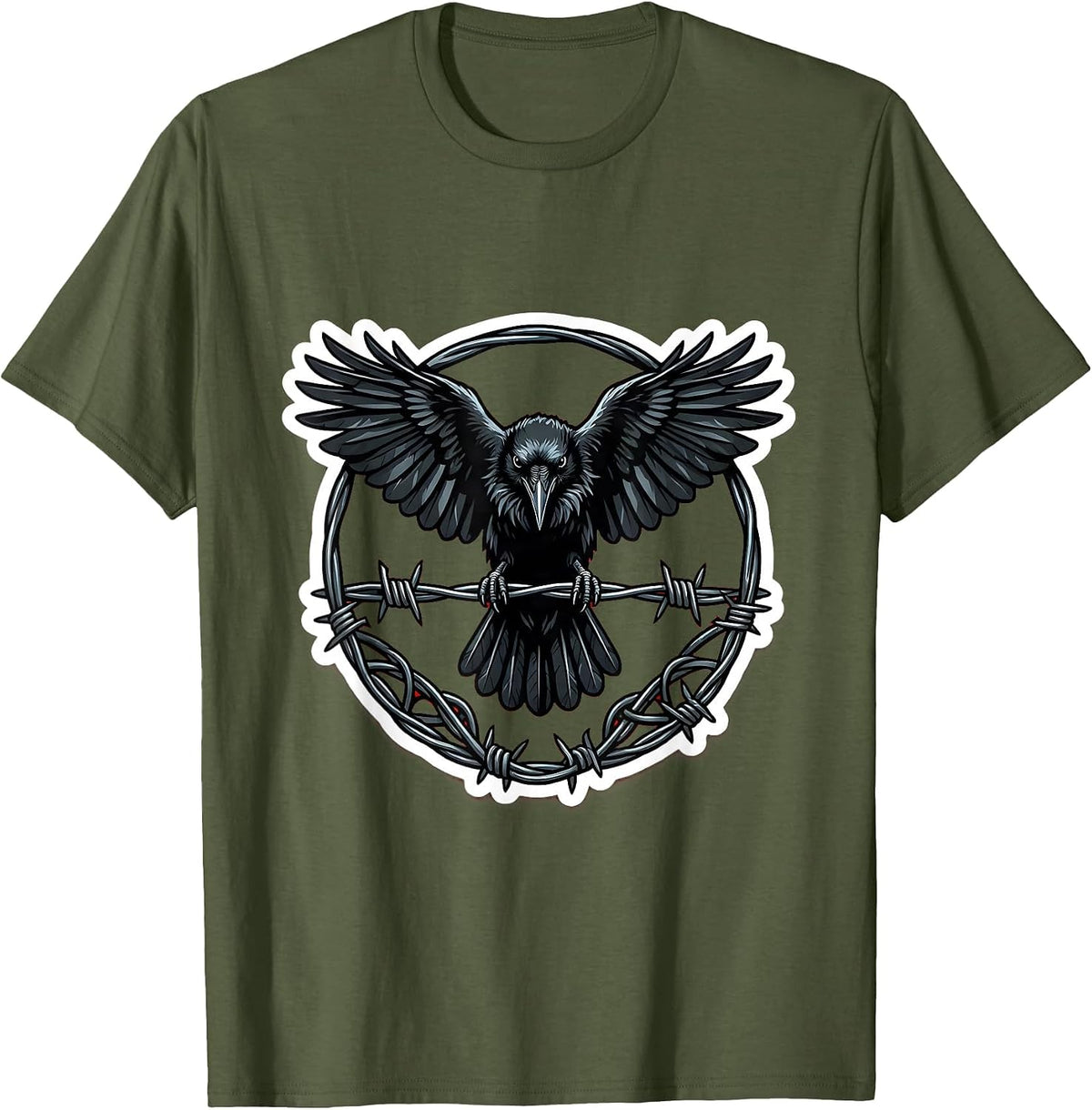 Crow on Razor Wire Fence Illustration T-Shirt - Olive Green