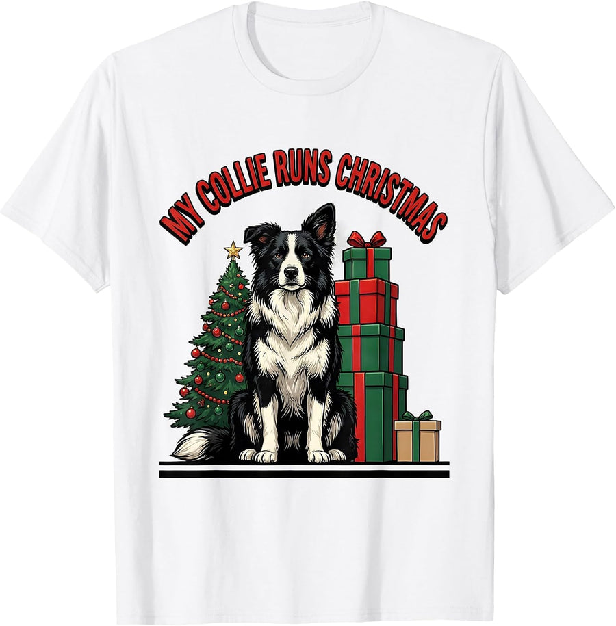 Men's My Collie Runs Christmas Funny Cartoon Dog Lover Holiday T-Shirt - White
